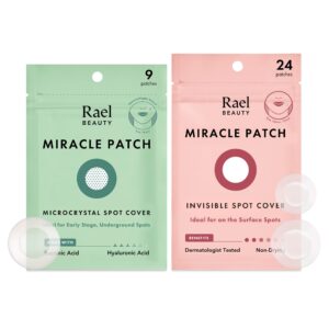 rael pimple patches, miracle patch bundle - hydrocolloid acne patch for face, zit & blemish, breakouts, all skin types, vegan, cruelty free (invisible & microcrystal spot cover, 33 count)