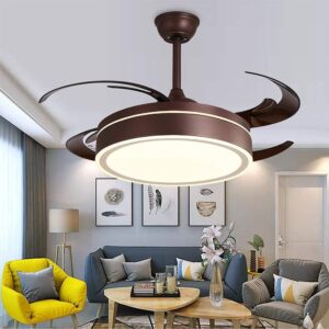 lighting groups 42" retractable ceiling fans with led light remote control 4 invisible clear abs blades livingroom diningroom fan chandelier indoor ceiling light kits with fans (brown)