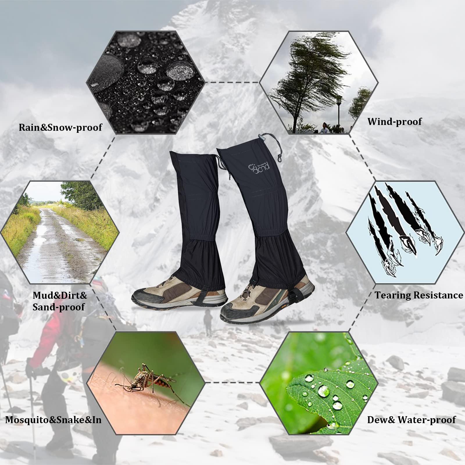 IDAND Leg Gaiters Waterproof Snow Boot Gaiters for Snowshoeing, Hiking, Hunting, Running, Motorcycle Anti-Tear Oxford Fabric, TPU Instep Belt Metal Shoelace Hook for Outdoor