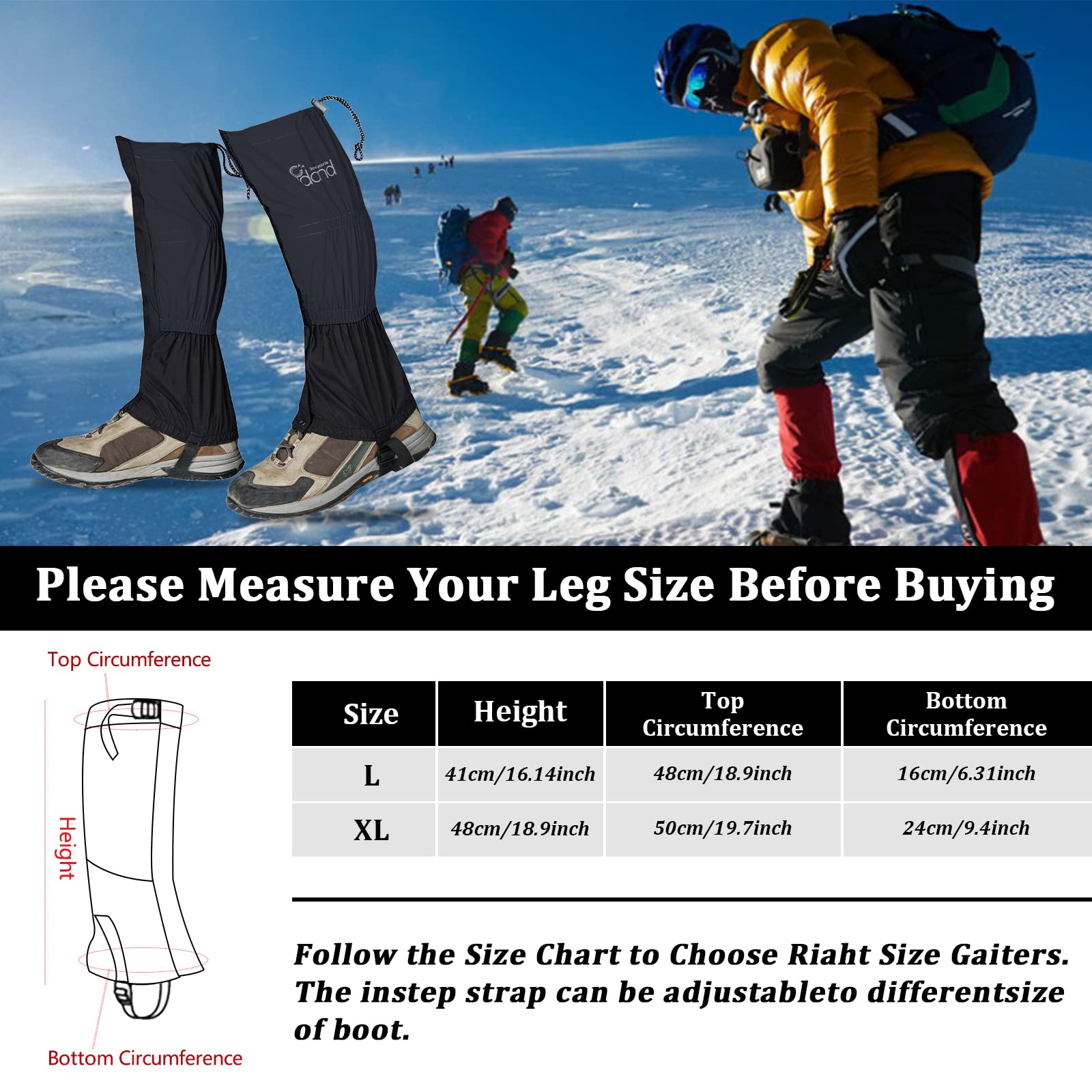 IDAND Leg Gaiters Waterproof Snow Boot Gaiters for Snowshoeing, Hiking, Hunting, Running, Motorcycle Anti-Tear Oxford Fabric, TPU Instep Belt Metal Shoelace Hook for Outdoor