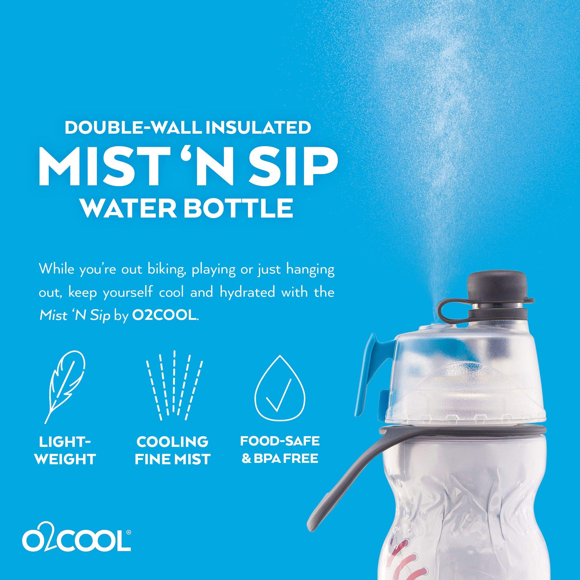 O2COOL Mist 'N Sip Misting Water Bottle 2-in-1 Function With No Leak Pull Top Spout Sports Reusable Water Bottle - 20 oz (2 Pack Baseball)