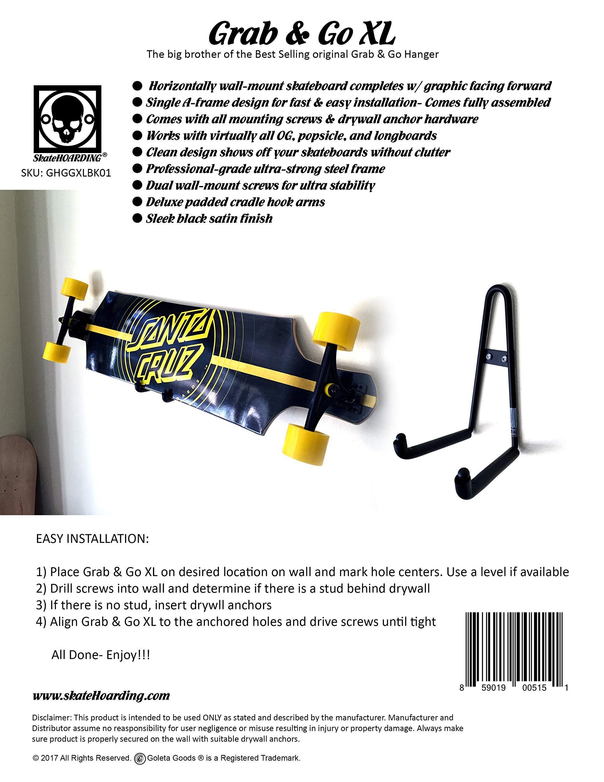 Grab & Go XL Horizontal Longboard Skateboard Wall Hanger Mount Rack