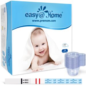 easy@home ovulation test strips, 100 pack fertility tests, ovulation predictor kit, fsa eligible, powered by premom ovulation predictor ios and android app, 100lh+100 urine cups