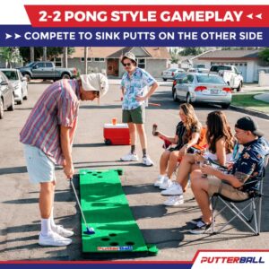 PutterBall Golf Pong Game Set The Original - Includes 2 Putters, 2 Golf Balls, Green Putting Pong Golf Mat & Golf Hole Covers - Best Backyard Party Golf Game Set