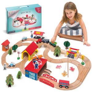 kipipol wooden train set - 69 pieces wooden train tracks & trains for kids, toddler boys and girls 3,4,5 years old and up– premium wood construction toys -fits thomas, brio, ikea, melissa and doug