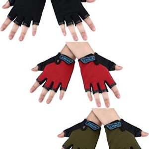 3 Pairs Kids Bike Gloves Half Finger Gloves MTB Road Sport Gloves Anti-Slip Gel Gloves for Children Cycling Biking Breathable Gloves (Black, Army Green, Red, 6-10 Years)