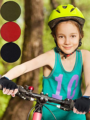 3 Pairs Kids Bike Gloves Half Finger Gloves MTB Road Sport Gloves Anti-Slip Gel Gloves for Children Cycling Biking Breathable Gloves (Black, Army Green, Red, 6-10 Years)