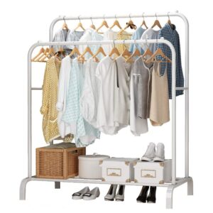 udear garment rack，43.3 inches freestanding hanger double pole multi-functional bedroom clothing rack, white