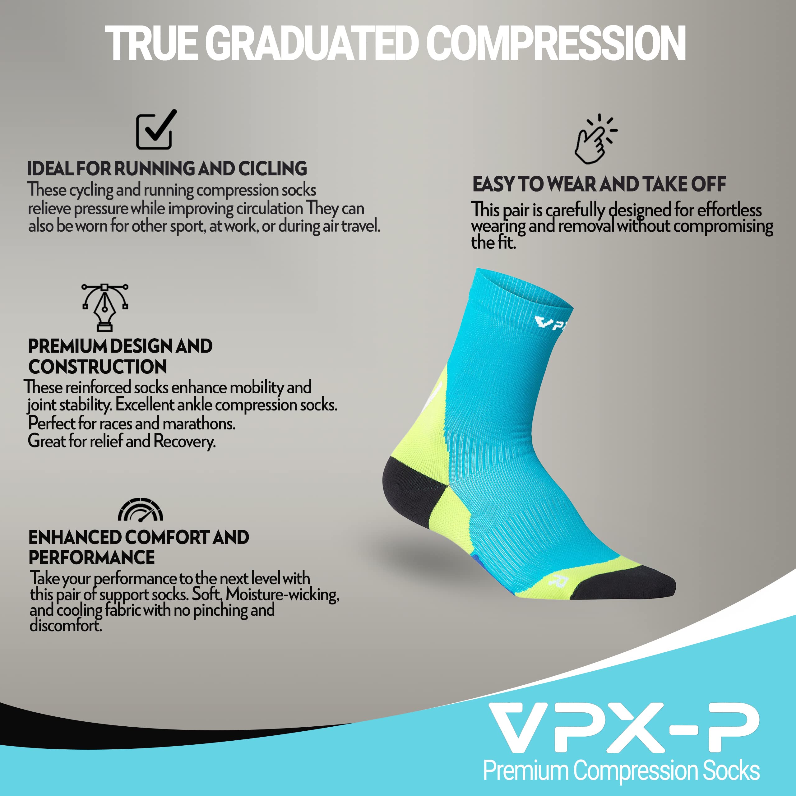 VPX4U Compression Cycling Socks For Men and Women - Performance Bike, Running & Mountain Bike Socks - Medias para Bicicletas-20-30 mmHg, Mid-Cut (Carolina Blue, Large-4)