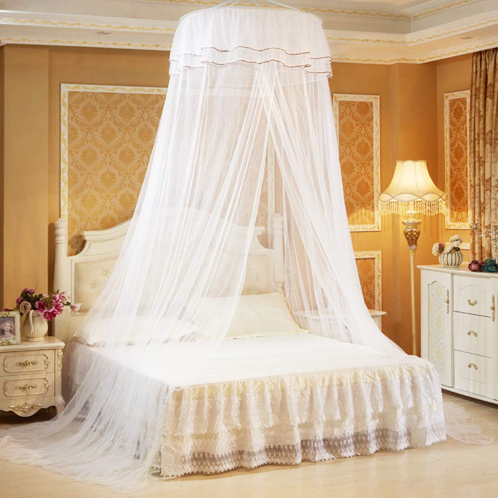 Pokerty Bed Mosquito Net, Breathable 360° Round Canopy Lace Princess Style Mosquito Net Bed Curtain Netting for Bedroom Decoration(White)