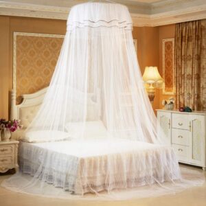 Pokerty Bed Mosquito Net, Breathable 360° Round Canopy Lace Princess Style Mosquito Net Bed Curtain Netting for Bedroom Decoration(White)