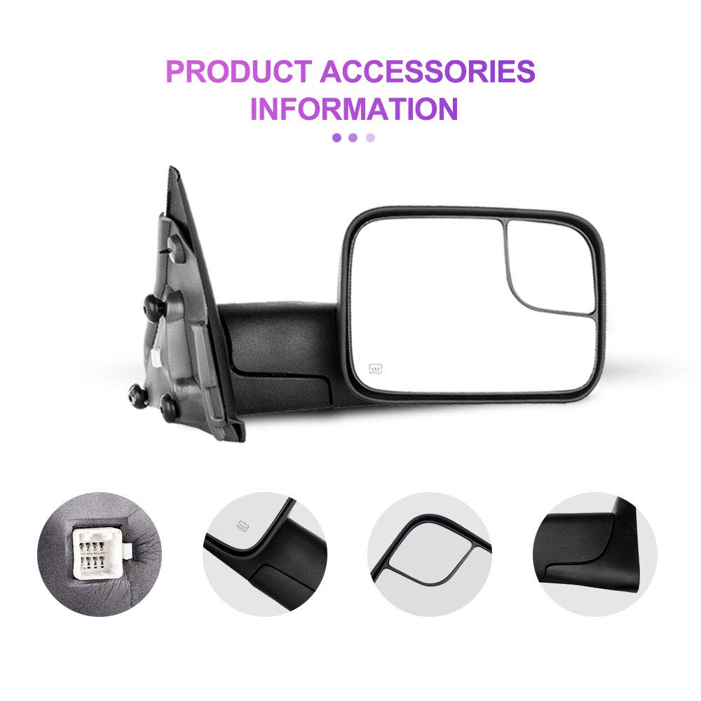 INEEDUP Towing Mirror Fits for 2003-2009 for Dodge for Ram 1500/2500/3500 Tow Mirror with Passenger Right Side 1PC Power Adjusted Heated No Turn Signal Light Manual Flip Up Function