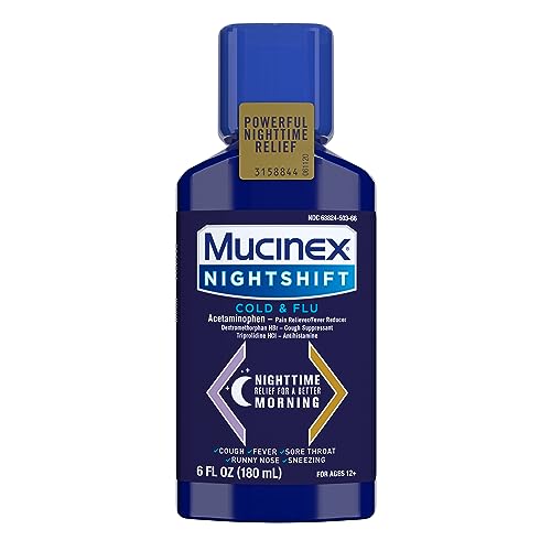 Mucinex Nightshift Cold & Flu Liquid That Relieves Fever/Sneezing/Sore Throat/Runny Nose and Cough, 6 Fl Oz (Pack of 1)