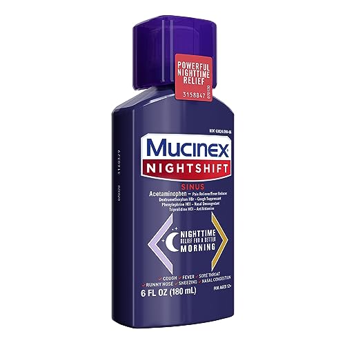 Mucinex Nightshift Sinus, Cold And Flu Cough Medicine For Adults, Powerful Nighttime Sinus Medicine For Sinus Relief, Sore Throat Relief, Cough Suppressant & Nasal Decongestant For Adults, 6 Fl Oz