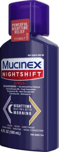 Mucinex Nightshift Sinus, Cold And Flu Cough Medicine For Adults, Powerful Nighttime Sinus Medicine For Sinus Relief, Sore Throat Relief, Cough Suppressant & Nasal Decongestant For Adults, 6 Fl Oz