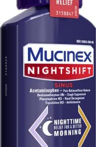 Mucinex Nightshift Sinus, Cold And Flu Cough Medicine For Adults, Powerful Nighttime Sinus Medicine For Sinus Relief, Sore Throat Relief, Cough Suppressant & Nasal Decongestant For Adults, 6 Fl Oz