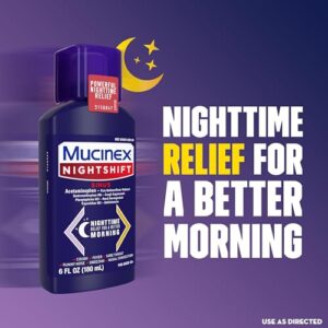 Mucinex Nightshift Sinus, Cold And Flu Cough Medicine For Adults, Powerful Nighttime Sinus Medicine For Sinus Relief, Sore Throat Relief, Cough Suppressant & Nasal Decongestant For Adults, 6 Fl Oz