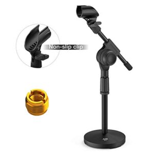 Moukey Boom Mic Stand Desk Adjustable Desktop Microphone Stand with Non-Slip Mic Clip, Short Table Mic Stand with Gear Fixing, Boom arm, 3/8" and 5/8" Adapter (Max bearing weight:1.1pounds), MMS-5