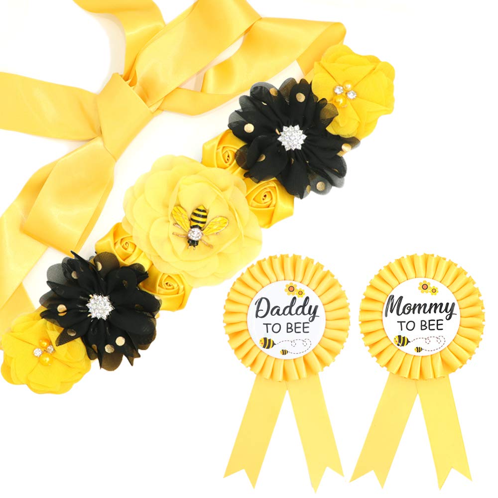 TTCOROCK Yellow Maternity Sash & Mommy Daddy Corsage Set - What will Baby Bee Baby Shower Mommy Sash Pregnancy Sash Keepsake Baby Shower Flower Belly Belt