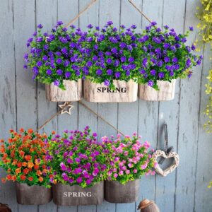 ZWYOQI 8 Bundles Artificial Flowers Outdoor UV Resistant Fake Plastic Plants Faux Greenery Shrubs Indoor Outside Hanging Planter Home Kitchen Office Wedding Garden Décor (Purple/8pcs)