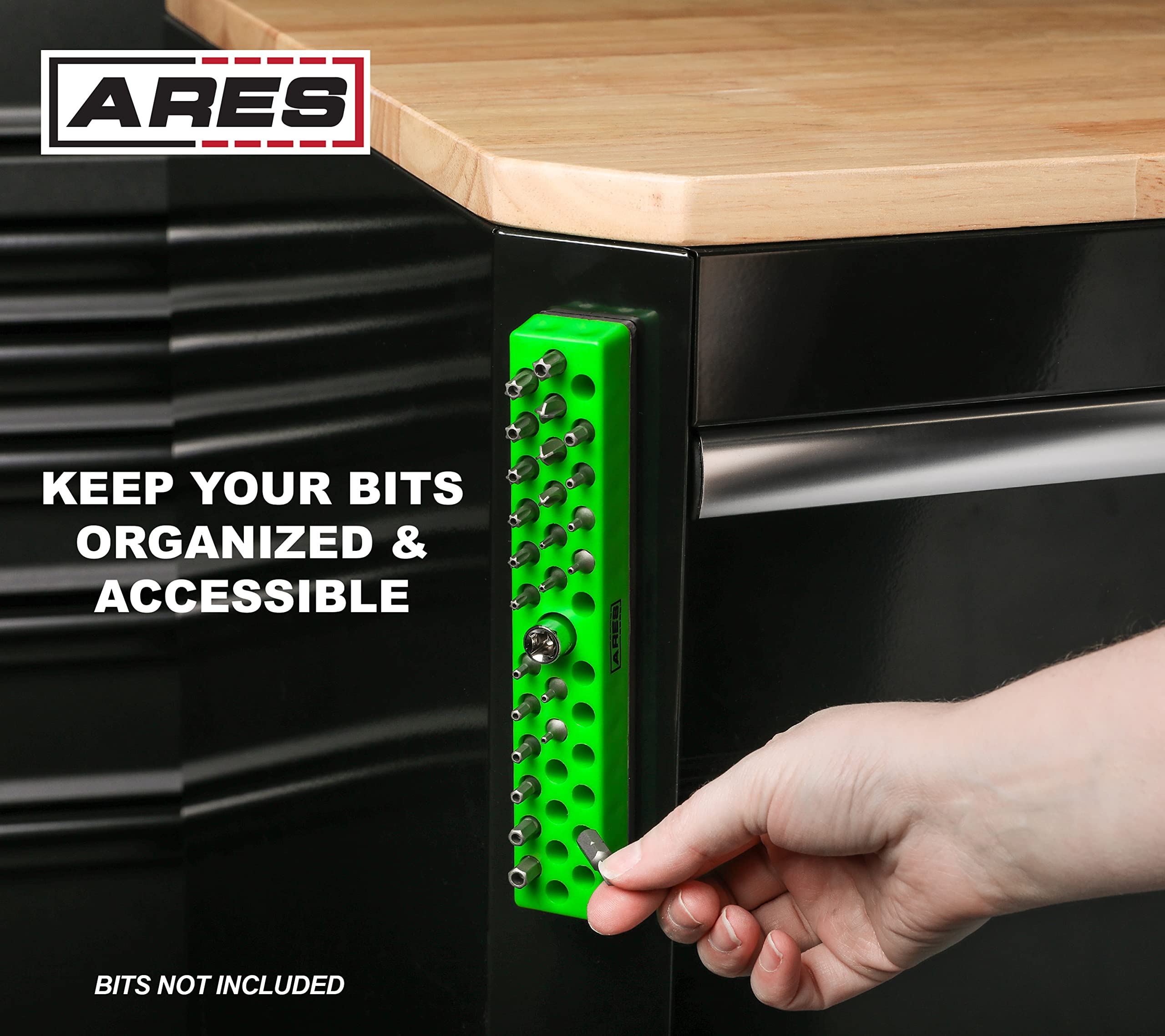 ARES 60013 - Green 37 Hole Hex Bit Organizer with Strong Magnetic Base - Keep Your Favorite Specialty, Drill, Tamper & Quick Change Bits Conveniently Organized and Accessible