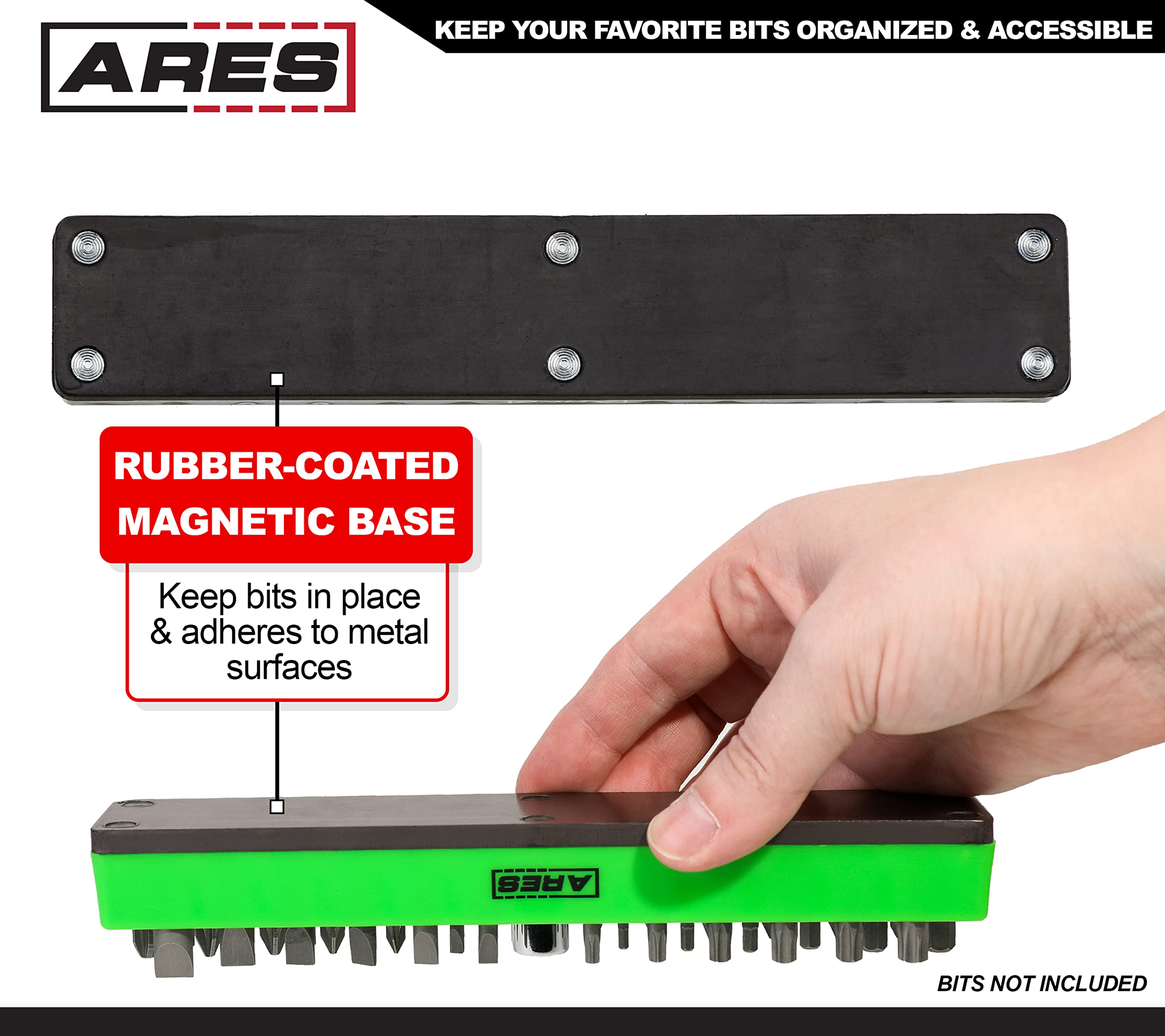 ARES 60013 - Green 37 Hole Hex Bit Organizer with Strong Magnetic Base - Keep Your Favorite Specialty, Drill, Tamper & Quick Change Bits Conveniently Organized and Accessible