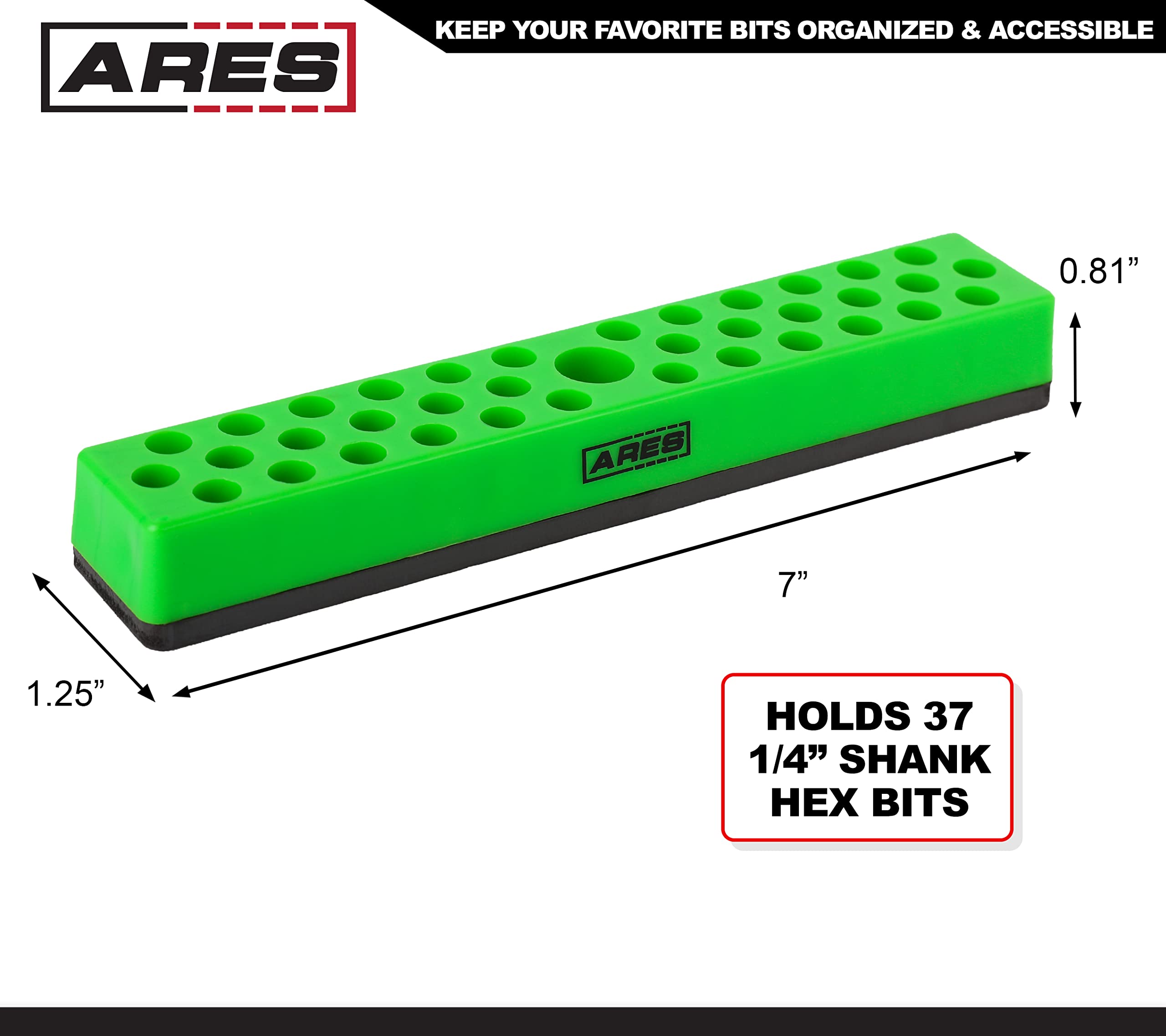 ARES 60013 - Green 37 Hole Hex Bit Organizer with Strong Magnetic Base - Keep Your Favorite Specialty, Drill, Tamper & Quick Change Bits Conveniently Organized and Accessible