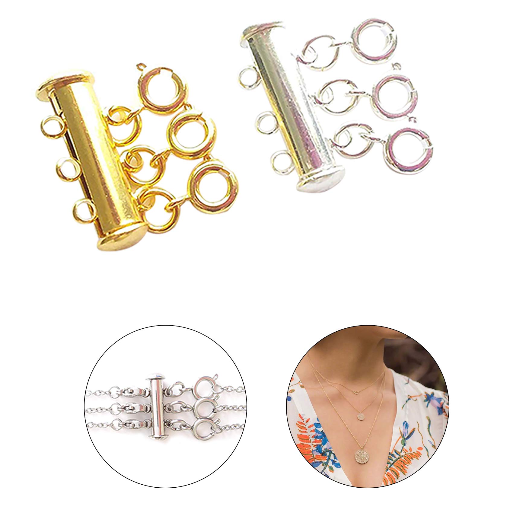 YMCAFZ Layered Necklace Spacer Clasp, 3 Strands Necklaces Slide Magnetic Tube Lock with Lobster Clasps, Jewelry Clasps Connectors for Layered Bracelet Jewelry Crafts Necklace, 2 Pack Gold and Sliver