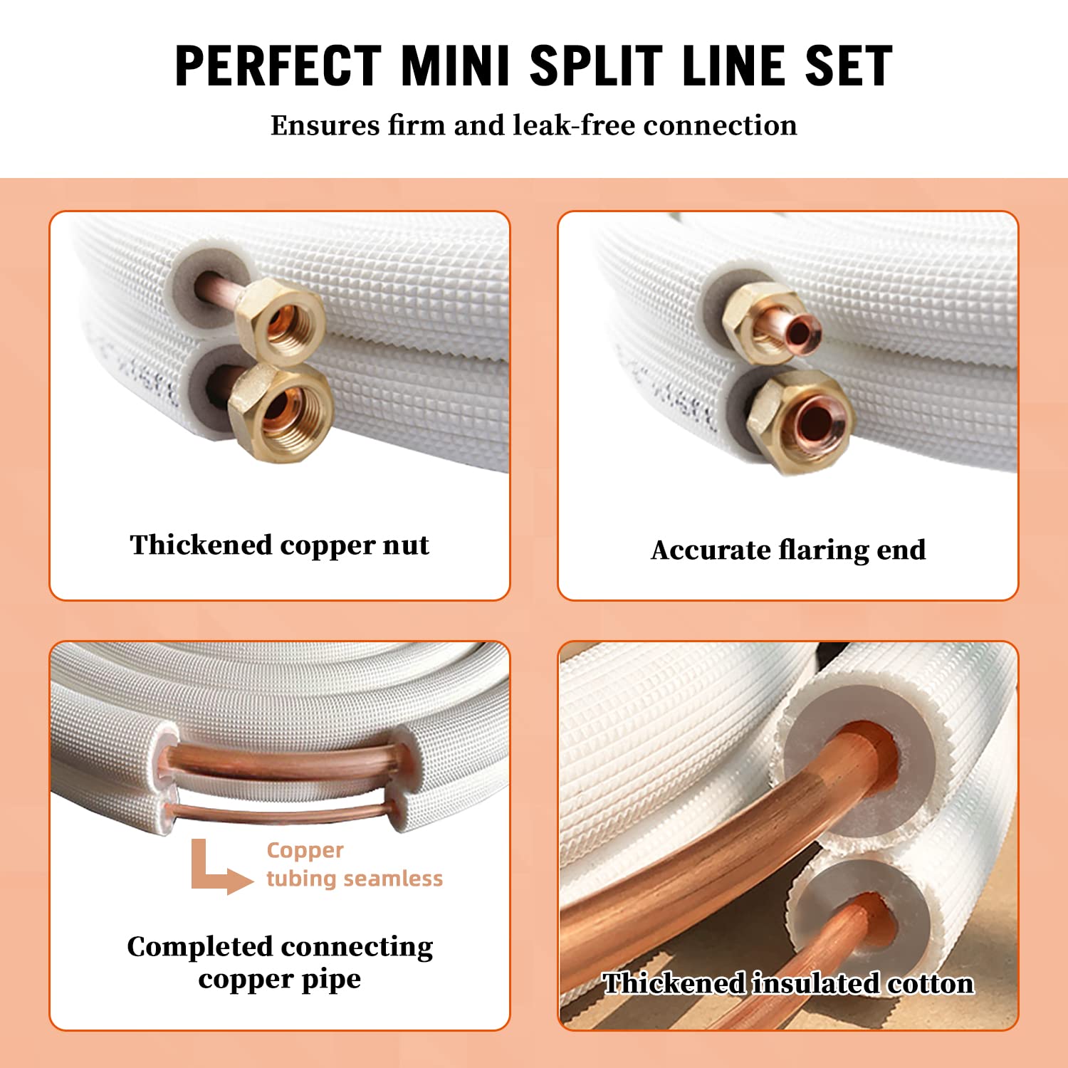 Wostore 16 Ft. Line Set 1/4&1/2 Inch 3/8 PE for Mini Split Air Conditioner Insulated Coil Copper Pipes HVAC with Fittings