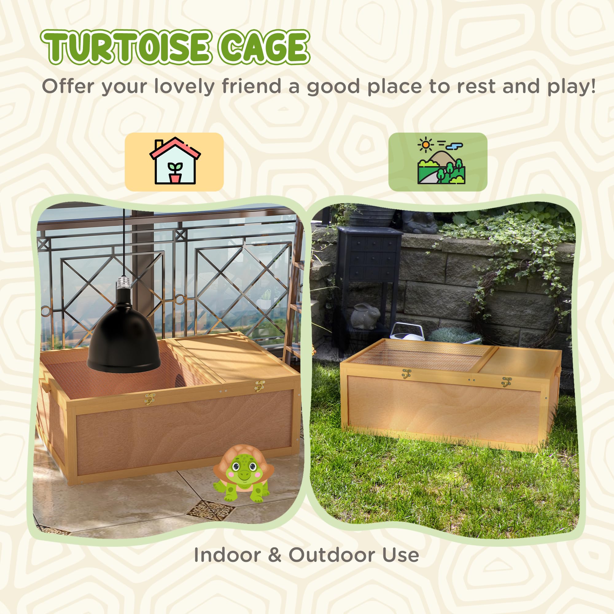 PawHut 37" Wooden Tortoise House Turtle Terrarium/Small Reptile Enclosure with Two Room Design, Natural