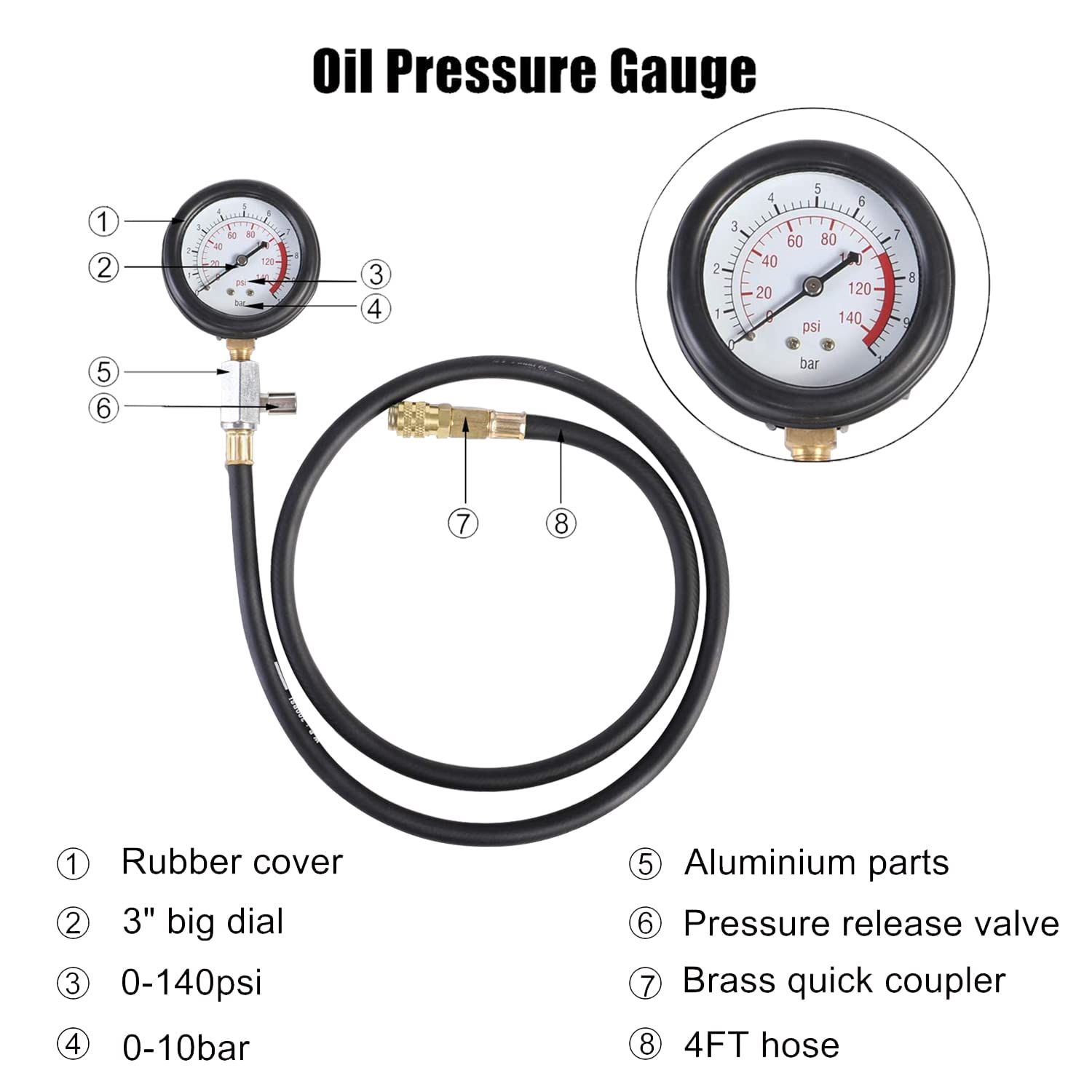 0-140 PSI Engine Oil PressureTester Gauge Kit TU-12A Automatic Transmission Diagnostic Test Tool 12 Pieces