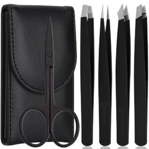 kingmas 5 pcs eyebrow tweezers set, stainless steel brow tweezer scissors set with travel case for brow facial/ingrown hair, splinter (black)