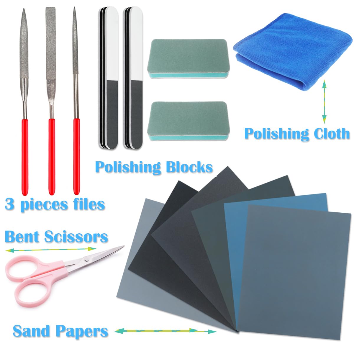 15 Pieces Resin Casting Tools Set - Include Sand Papers, Polishing Blocks, Polishing Cloth, Round File, Semicircular File, Flat File and Scissors for Polishing Epoxy Resin Jewelry Making Supplies