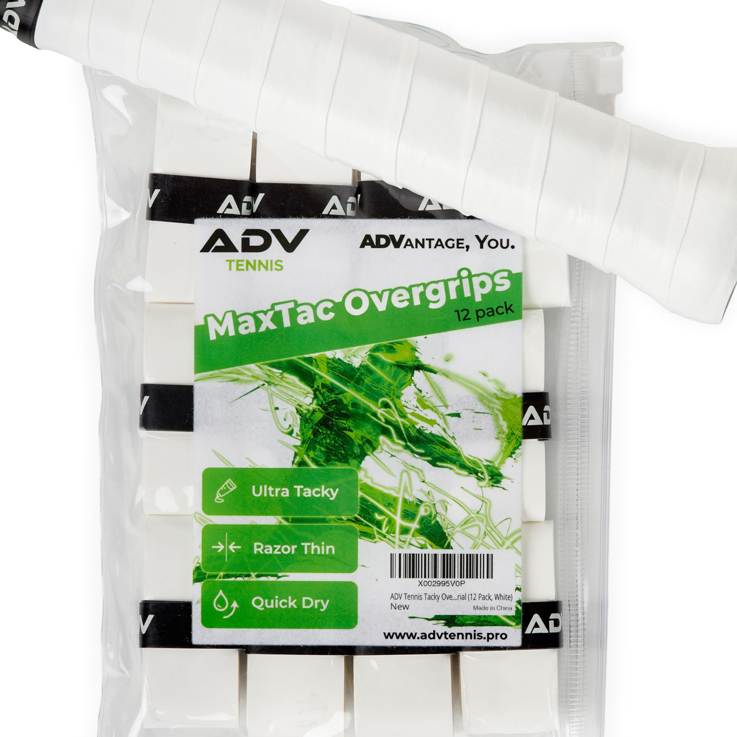 ADV MaxTac Tacky Tennis Overgrip - 12 Pack Extremely Sticky Non-Slip Tennis Grips Overgrip - Razor-Thin & Easy to Use Pro Tennis Racquet Grip Tape, White