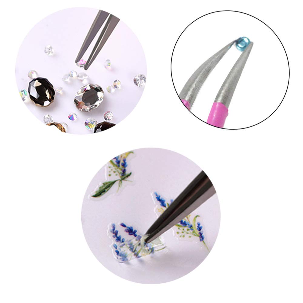 ZeroZ 2 Pcs Stainless Steel Tweezers for Eyelash Extensions Precision Electronics Nail Sticker Rhinestone Jewelry Anti-Static Non-Magnetic (Pink)