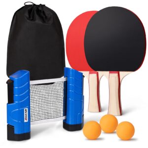 xgear anywhere ping pong equipment to-go includes retractable net post, 2 ping pong paddles, 3 pcs balls, attach to any table surface, lake blue