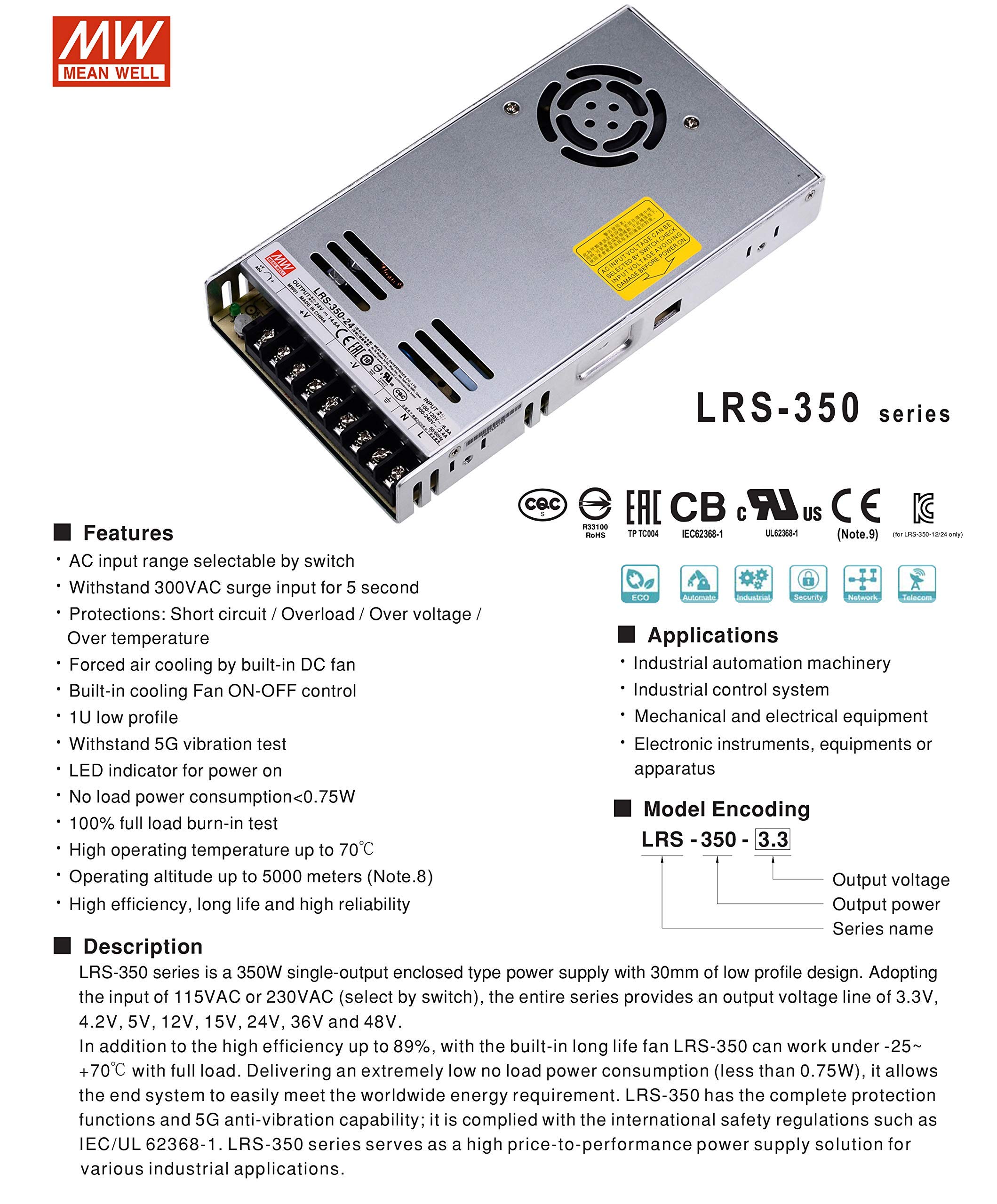 Mean Well LRS-350-24 DC Switching Power Supply, 24V 14.6A 350W