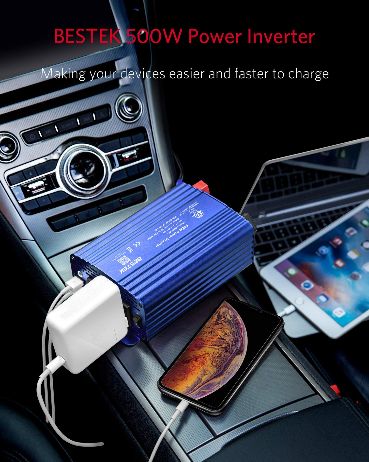 BESTEK 500W Power Inverter DC 12V to 110V AC Converter with 4.8A Dual USB Car Charger ETL Listed (Blue)