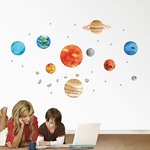 Finduat Space Planet Wall Stickers Decals, Removable Solar System Watercolor Space Vinyl Wall Stickers for Kids Nursery Bedroom Living Room