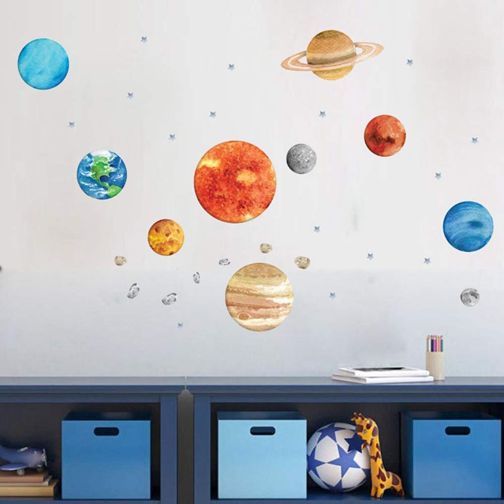 Finduat Space Planet Wall Stickers Decals, Removable Solar System Watercolor Space Vinyl Wall Stickers for Kids Nursery Bedroom Living Room