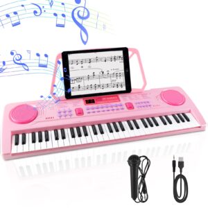 wostoo kids keyboard piano, portable 61 keys keyboard electronic digital piano, early learning educational musical piano toy keyboard gift for beginners with music stand, microphone (pink)