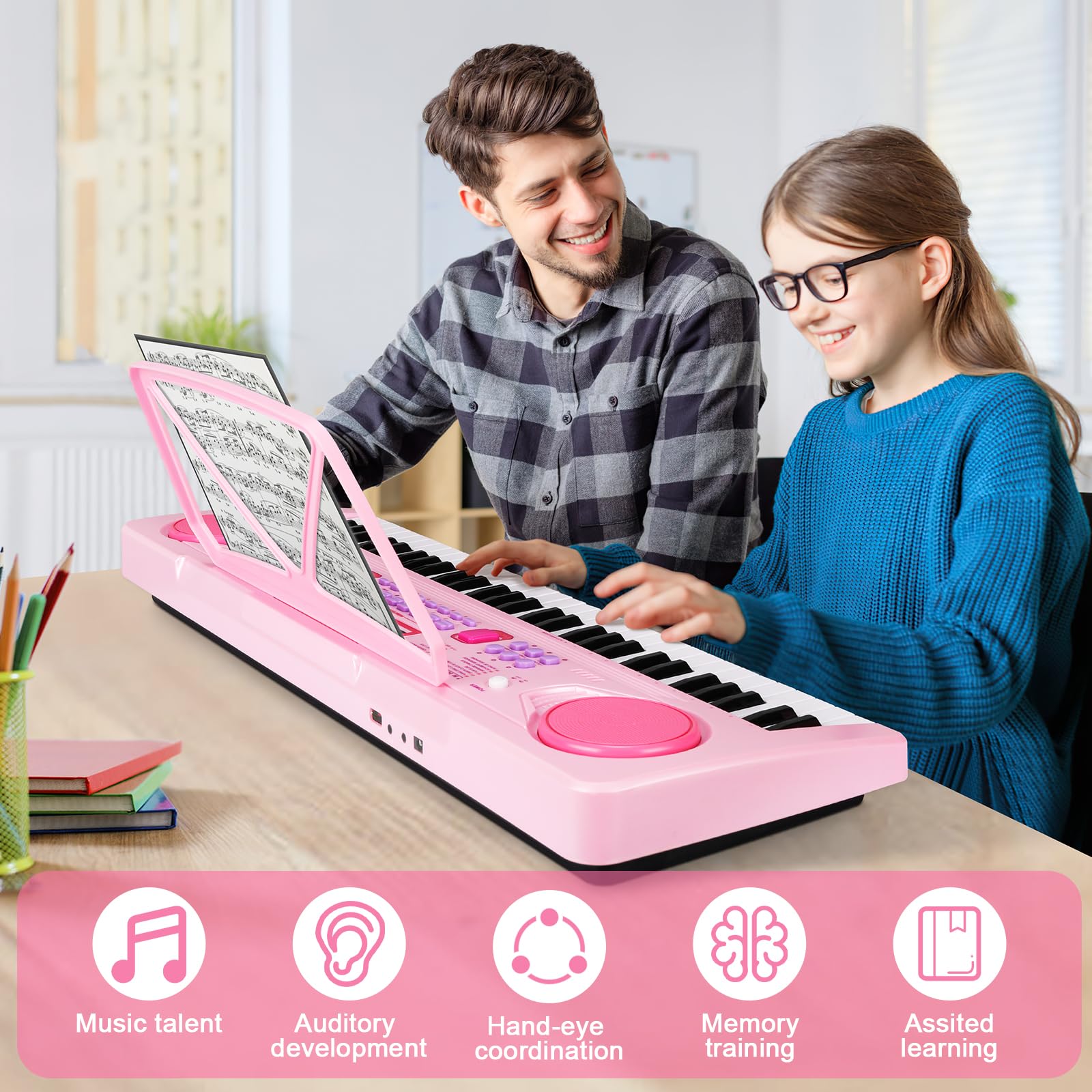 WOSTOO Kids Keyboard Piano, Portable 61 Keys Keyboard Electronic Digital Piano, Early Learning Educational Musical Piano Toy Keyboard Gift for Beginners with Music Stand, Microphone (Pink)