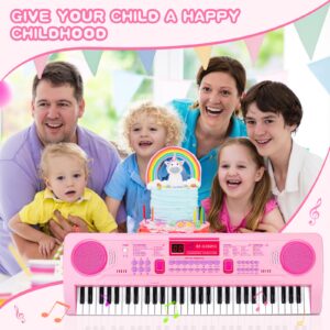 WOSTOO Kids Keyboard Piano, Portable 61 Keys Keyboard Electronic Digital Piano, Early Learning Educational Musical Piano Toy Keyboard Gift for Beginners with Music Stand, Microphone (Pink)