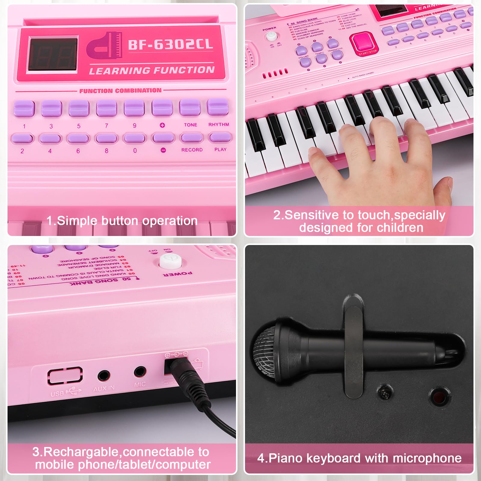 WOSTOO Kids Keyboard Piano, Portable 61 Keys Keyboard Electronic Digital Piano, Early Learning Educational Musical Piano Toy Keyboard Gift for Beginners with Music Stand, Microphone (Pink)