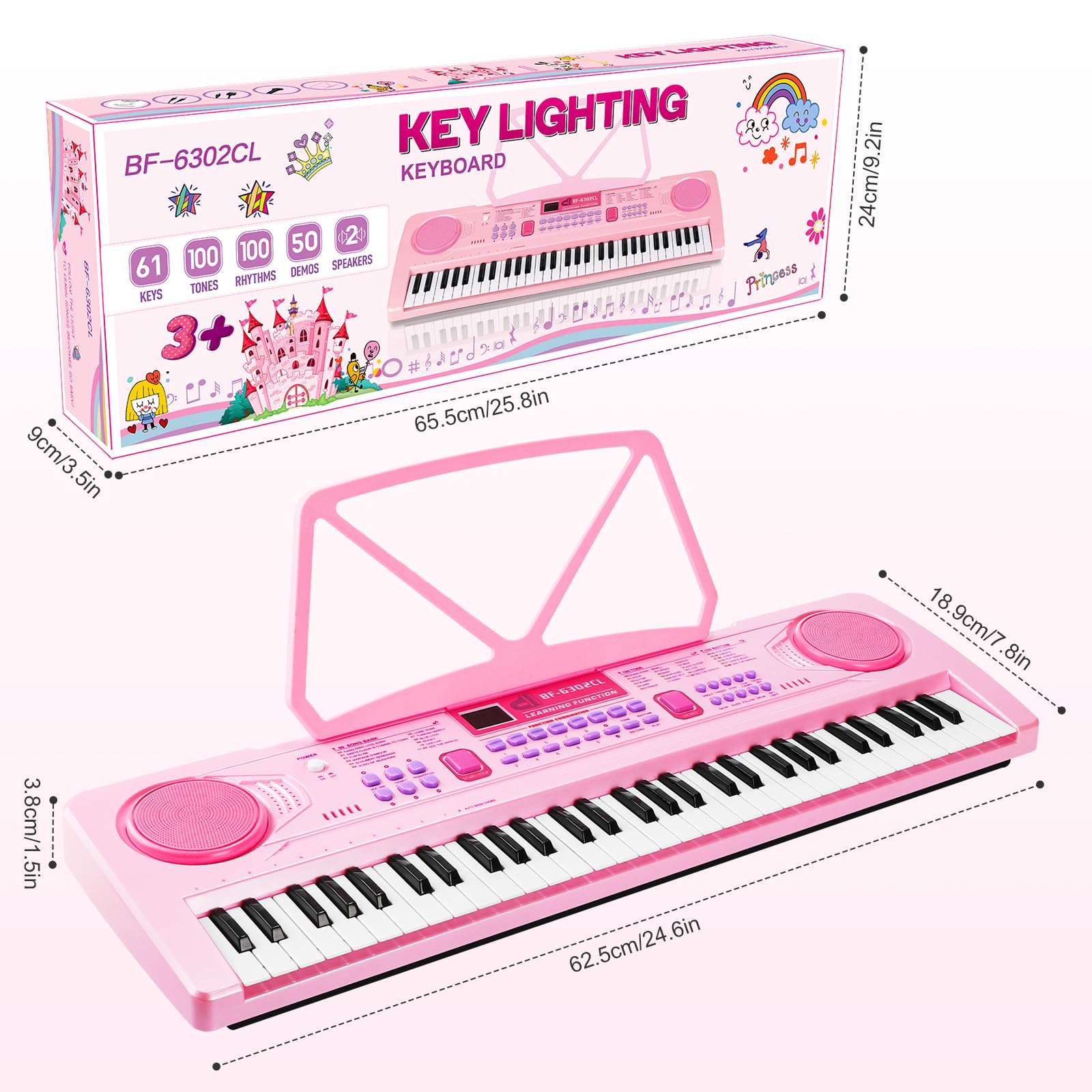 WOSTOO Kids Keyboard Piano, Portable 61 Keys Keyboard Electronic Digital Piano, Early Learning Educational Musical Piano Toy Keyboard Gift for Beginners with Music Stand, Microphone (Pink)