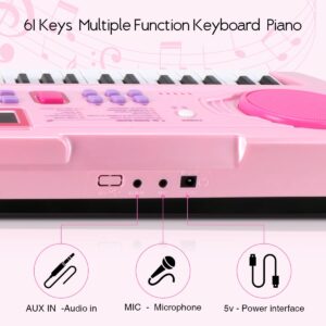 WOSTOO Kids Keyboard Piano, Portable 61 Keys Keyboard Electronic Digital Piano, Early Learning Educational Musical Piano Toy Keyboard Gift for Beginners with Music Stand, Microphone (Pink)