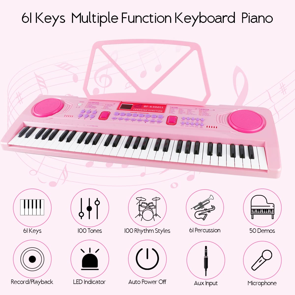 WOSTOO Kids Keyboard Piano, Portable 61 Keys Keyboard Electronic Digital Piano, Early Learning Educational Musical Piano Toy Keyboard Gift for Beginners with Music Stand, Microphone (Pink)