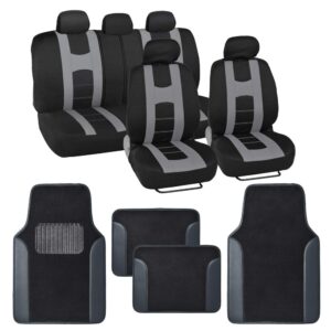 bdk carxs forza series light gray seat covers full set combo with car floor mats – front and rear bench seat cover & floor mat protector set, interior covers for auto truck van suv