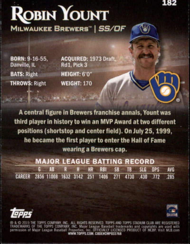 2019 Stadium Club Baseball #182 Robin Yount Milwaukee Brewers Official Topps MLB Trading Card