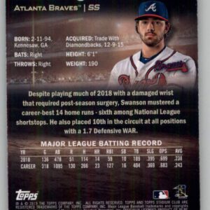 2019 Stadium Club Baseball #82 Dansby Swanson Atlanta Braves Official Topps MLB Trading Card